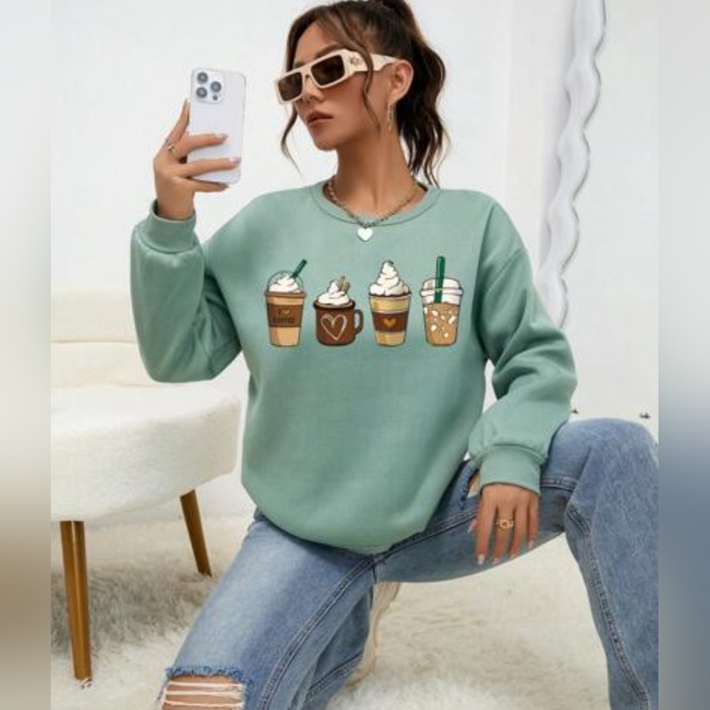 Women's long-sleeved sweatshirt, mint green. Size XS. Coffee Lovers
